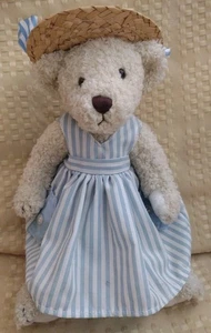 2000 Mud Pie Spring 9.5" Teddy Bear Plush Wearing Straw Hat & Dress Vintage VTG - Picture 1 of 12