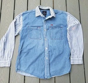 Vintage Bugle Boy Denim Long Sleeve Button Down Collar Shirt XL Striped (Stain) - Picture 1 of 14