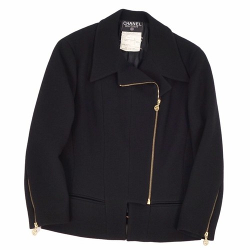 Giacca Chanel vintage capospalla in tweed di lana con zip da donna 46 nero