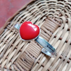 925 Sterling Silver Heart Red Coral Cuff Bangle Handmade Adjustable Bangle - Picture 1 of 7