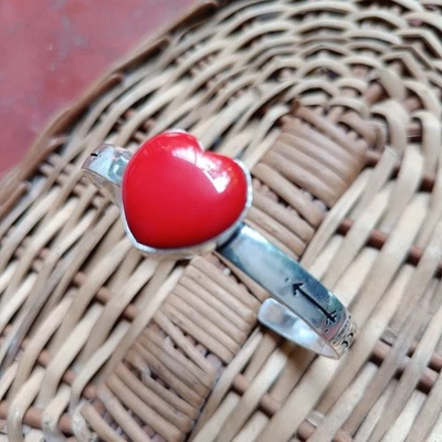 925纯银心形红色珊瑚袖口手镯手工制作可调节手镯 — 第 1/4 张图片