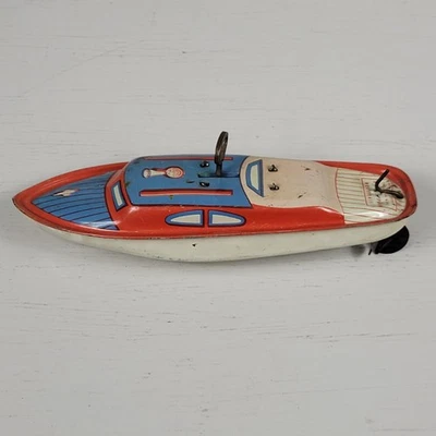 Vintage Lindstrom Tin Litho Wind Up Toy Boat w/Key Works 7 1/2" - Image 1 of 4