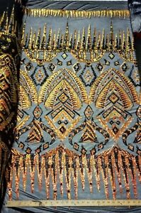 Iridescent Orange/Black Stretch Nylon Spandex Mesh Sequin Fabric "Aztec Tribal" 