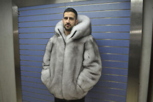 Luxury Full Skin "Blue" Fox Fur Mens Bomber Real Fur White Skin To Skin Fox Hood