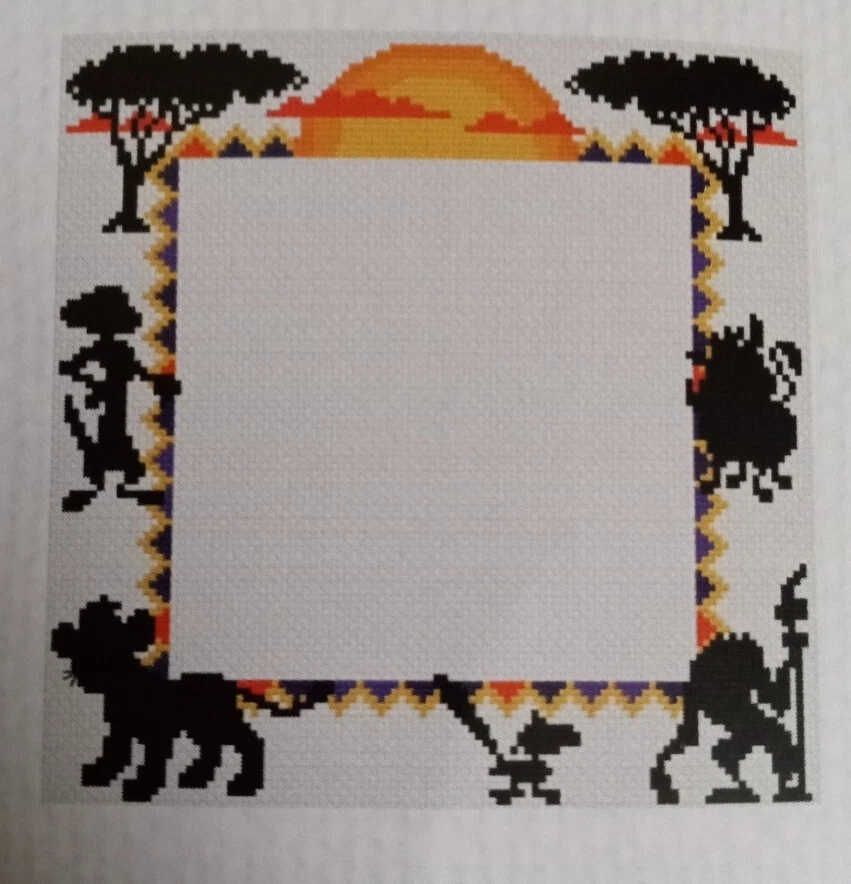 Cross Stitch "LION KING BORDER FRAME" pattern ~ DISNEY, Simba, Rafiki, Timon - Image 1 of 1