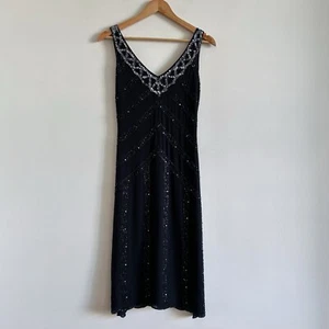 Esprit 90s y2k Black Silver Beaded Midi Dress Silk Embellished Formal Dress - Picture 1 of 21
