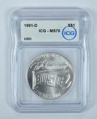 1991-D USO Commemorative Silver Dollar MS70 ICG - Image 1 of 4