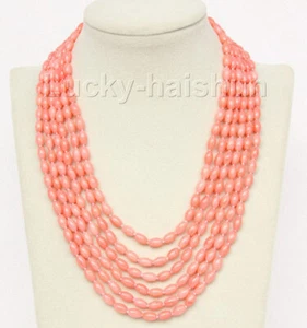 natural 17"-22" 6row 5X8mm olivary pink coral necklace magnet clasp j9773 - Picture 1 of 3