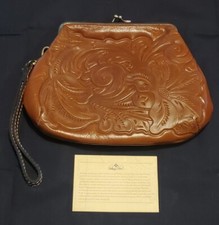 PATRICIA NASH Savena Tooled Brown Leather Clutch Kisslock Wristlet With Card