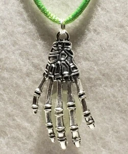 Skeleton Hand w/Green Polished Stone Pendant Satin Cord Necklace w/Lobster Clasp - Picture 1 of 5
