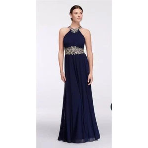 Betsy & Adam Women Navy Blue & Gold Beaded Embroidered Halter Pleated Gown 4 NEW - Picture 1 of 16