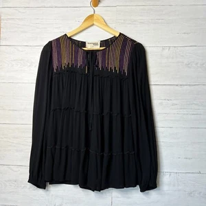 Savanna Jane Blouse Womens Size Medium Black Tiered Colorful Embroidered Stripes - Picture 1 of 15