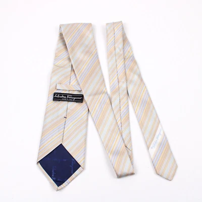 Corbata Salvatore Ferragamo Hombre Amarillo Azul Rayas Seda Hecha en Italia con Caja Foto 1 de 4