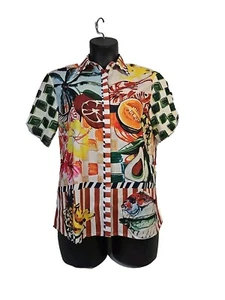 Size M Ladies Button Up Blouse. Food Print, Short Sleeve Shirt Top, Linen Blend - Picture 1 of 8