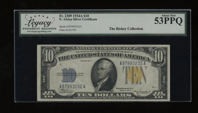 DBR 1934-A $10 North Africa Silver Fr. 2309 Legacy 53 PPQ Serial A97993232A - Image 1 of 2