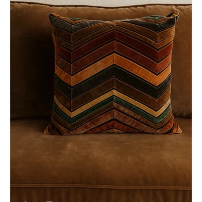Pier 1 Retro Y2K Zig Zigzag Chevron Velvet Patchwork Brown Throw Pillow 16”x 16” - Image 1 of 4