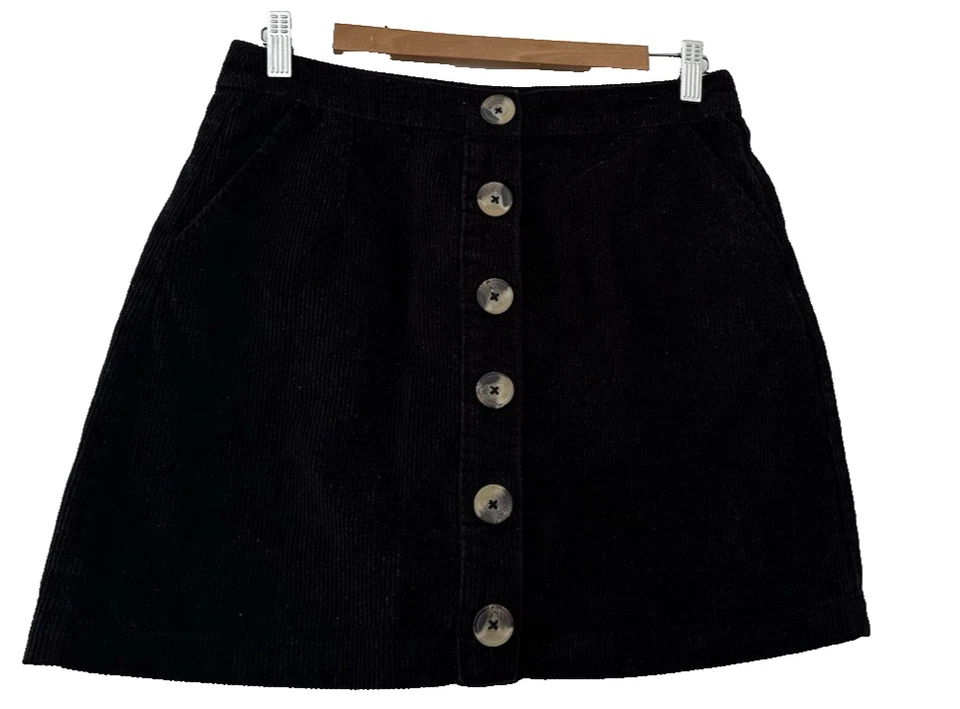 PAPAYA.  BLACK COTTON CORDUROY BUTTON THROUGH A LINE SKIRT/POCKETS. SIZE 12 — 第 1/4 张图片