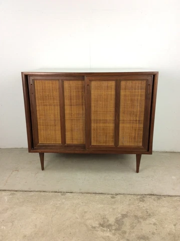 Mid Century Modern Cabinet with Sliding Caned Front Doors Cover