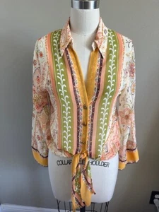 Camisa Zara Pequeña Beige Transparente Acampanada Manga Larga Cuello Boho Floral Corbata Frontal - Imagen 1 de 11