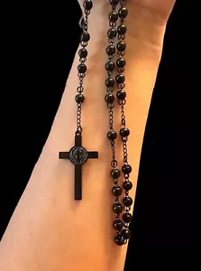 Herren Edelstahl Katholischer Rosenkranz Perlenkette Kruzifix Kreuz Kette Schwarz - Bild 1 von 7