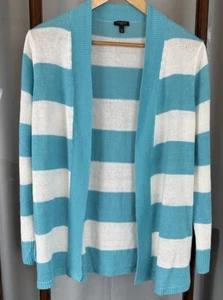 Talbots Cardigan Size LP Large Petite 100% Linen Blue White Sweater Open Front - Picture 1 of 7