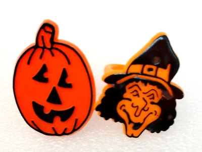 2 Vtg Toy Halloween Jack O Lantern & Witch Plastic Ring Set NOS New 1980s - Image 1 of 3