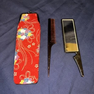 Japanese Fabric Bag Comb Hair And Mirror Set Bag with Clasp - Picture 1 of 3