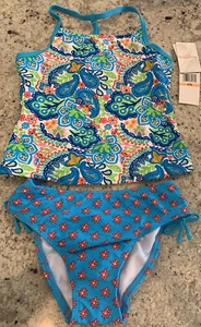 Eddie Bauer Girls Swimsuit 2  Piece Size 6X Paisley Pattern Blue UPF 50+ - Picture 1 of 4