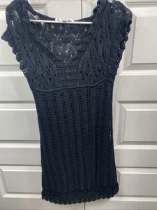 Vestido Crochet Coqueta Femenino Pescador Cottagecore Negro Mediano Antiguo Azul Marino - Imagen 1 de 7