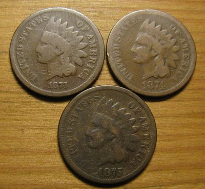 LOT OF (3) 1873 1874 1875 INDIAN HEAD CENTS FROM US COIN COLLECTION PENNY SET - Image 1 of 4