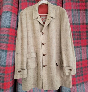 Vintage 1950s THUNDERBIRD Harris & Frank Cream Wool TWEED JACKET Red Plaid Lined - Picture 1 of 17