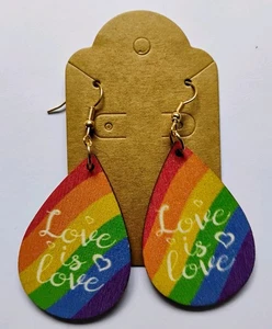 Rainbow Tear Drop Love Is Love Pride Wood Dangle 1.75" Earrings New - Picture 1 of 3