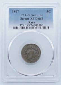 1867 Shield Nickel 5C PCGS Genuine Scrape XF Detail Rays - U1388 - Picture 1 of 4