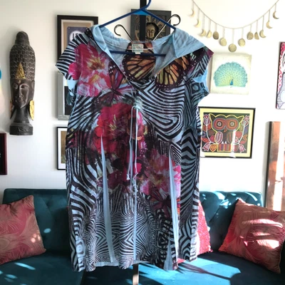 UNITY Playa Talla M Azul Floral Estampado Mariposa Capucha Cordón Cubrir Túnica Foto 1 de 4