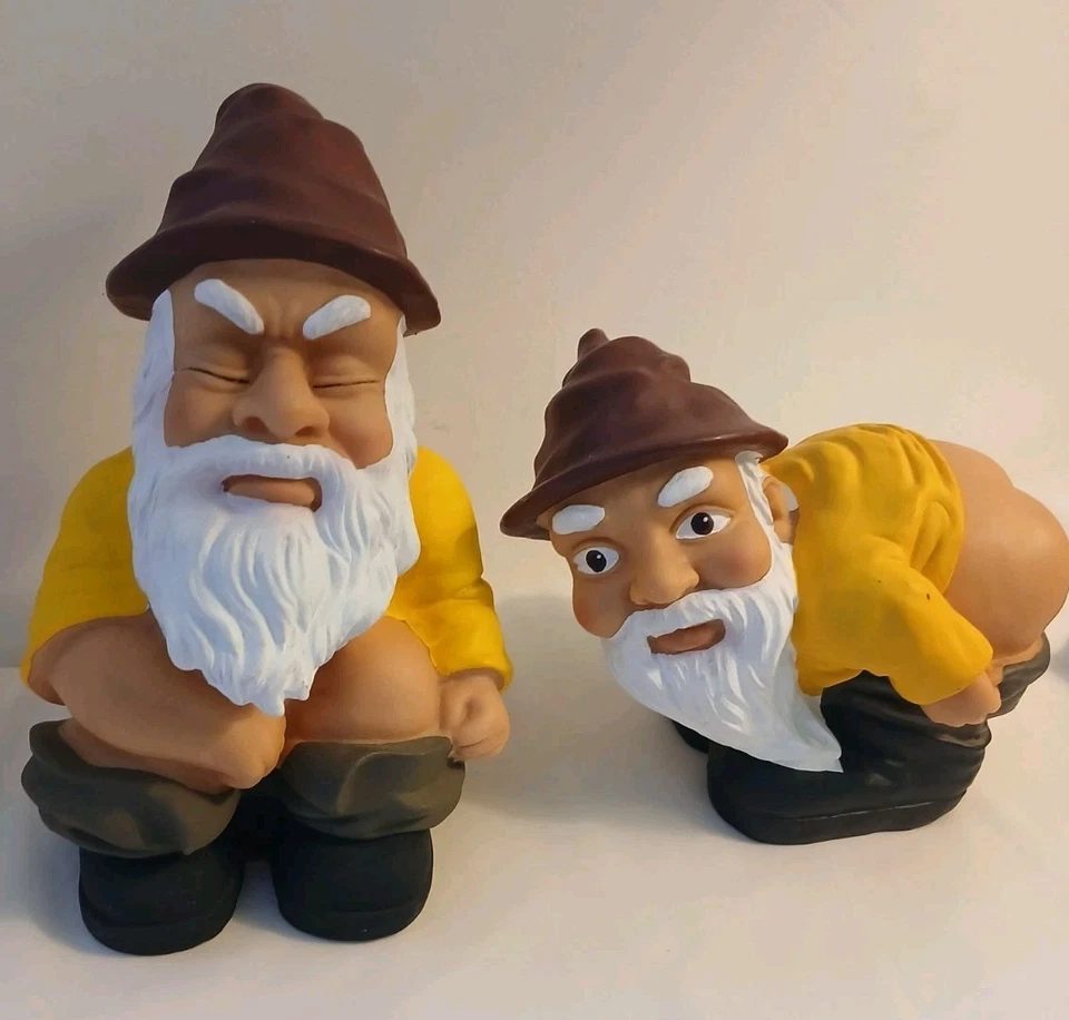 Vtg Naughty Mooning Garden Gnome Pair Funny Cheeky Rubber Vinyl Yard Statues  - Image 1 of 4
