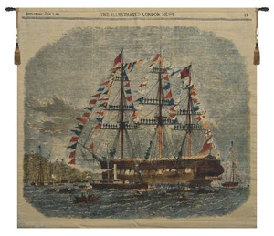 Antiguo tapiz tejido jacquard barco cortapelos colgante de pared | Hecho en América del Norte - Imagen 1 de 4