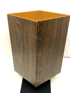 Vintage Mid Century Faux Wood Plastic Trash Can Wastebasket Square - Picture 1 of 8