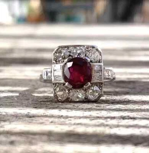 Art Deco Vintage 2Ct Round Cut Red Ruby Lab Created 925 Silver Engagement Ring - Picture 1 of 8