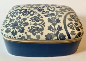 Pottery Barn Porcelain Lidded Box Blue Floral Damask Gold Trim Jewelry - Picture 1 of 9