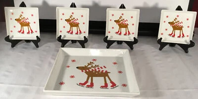 Crate & Barrel Ice Skating Reindeer 12" Square Platter and 4- 5 3/4” appetizers - Image 1 of 4