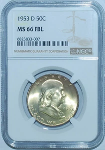 1953 D NGC MS66FBL Full Bell Lines Franklin Half Dollar - Picture 1 of 2
