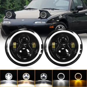For 1990-1997 Mazda Miata Projector 7"inch Round LED Headlight Pair Angel Eye H4 - Picture 1 of 12