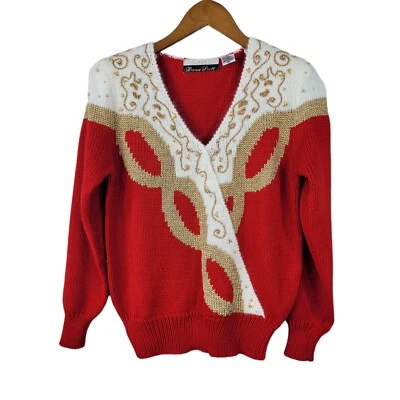 Vintage 80/90s Sweater Sz Medium Red White Gold Preppy Alt Bingo Granny Evening - Image 1 of 4