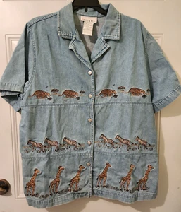Vintage Casey & Max Denim Button Up Shirt Embroidered Wildlife Safari Animal XL - Picture 1 of 7