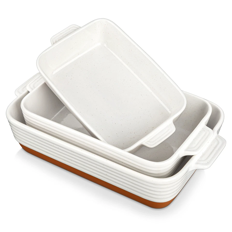 MALACASA 3-teilig Weiß & Khaki Steingut Auflaufform-Set Rechteckig Auflaufformen - Bild 1 von 4