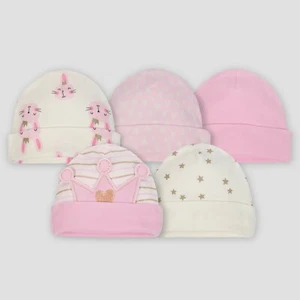 Gerber Baby Girls 5 Pack Caps Size 0-6 Months NEW Princess, Stars, Hearts, Bunny - Picture 1 of 6