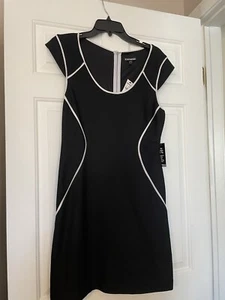 Express Black Ponte Knit Sheath Midi Dress White Ribbing NEW Size 10 Work Casual - Picture 1 of 6