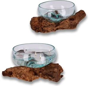 Glas-Dekoschale auf rötlich-brauner Holzwurzel – Handgefertigtes Unikat - Bild 1 von 10