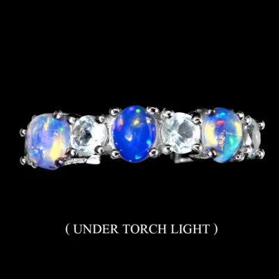 925 Anello Argento Sterling Ovale Opale di Fuoco 5x4mm Acquamarina Gemma - Immagine 1 di 4