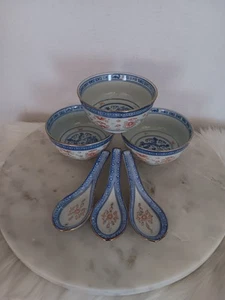Vintage Chinesisches Porzellan 3 Stck. Reiskorn Reis Suppe Schüsseln und Löffel Blau Weiß - Bild 1 von 10